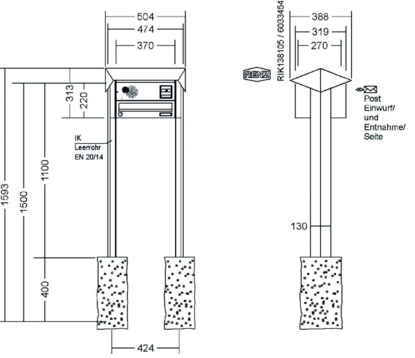 RENZ Briefkastenanlage freistehend, PRISMA, Edelstahl V4A, Kastenformat 370x110x270mm, mit Klingel - & Lichttaster und Vorbereitung Gegensprechanlage, 1-teilig, zum Einbetonieren